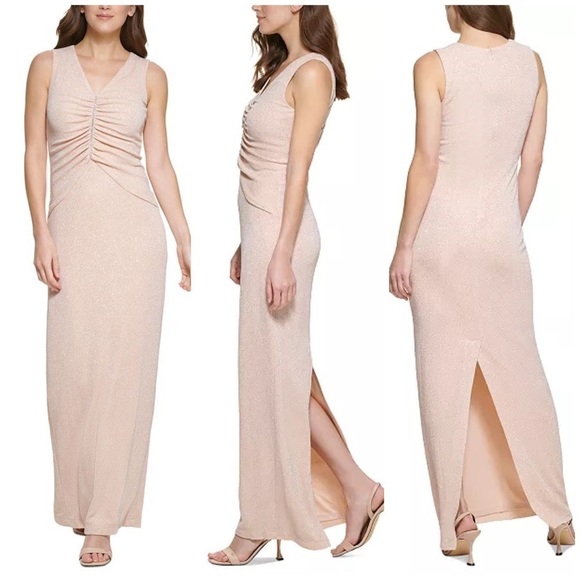 Calvin Klein Blossom Beige Nude Glitter Knit Gem Rhinestone Maxi Dress Size 8 - Picture 3 of 8